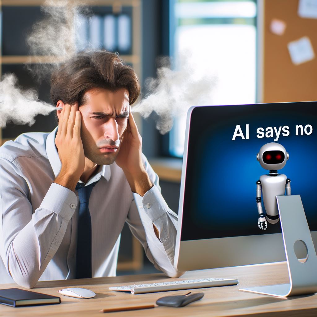 A man sitting at a computer with steam coming out of his ears, looking frustrated. The computer screen displays the message 'AI Says NO'