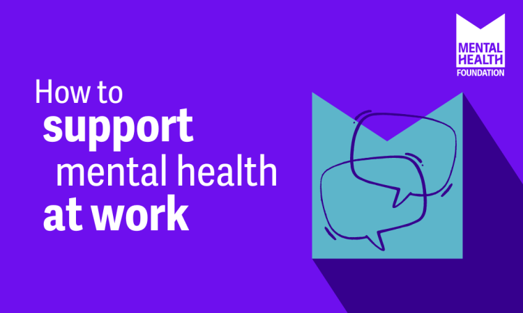 support20your20mh20at20work20-20web20image Text says: "How to support mental health at work". There is an M shaped graphic with two overlapping speech bubbles. Top right corner - MHF logo.