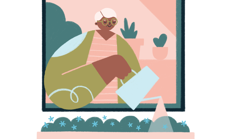 mhaw-2021-nature-watering-plants-1 Graphic of a woman watering her window basket of plants